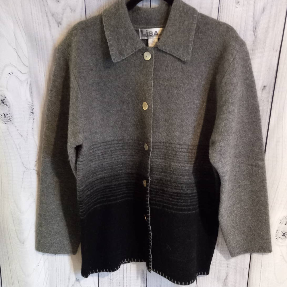 Vintage Gray & Black Striped Ombre 100% Boiled Wool Button-Up Shacket